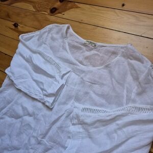 Terzo Millennio Linen Blouse 3X White Scoop Neck 3/4 Sleeve Mature Beach Coastal